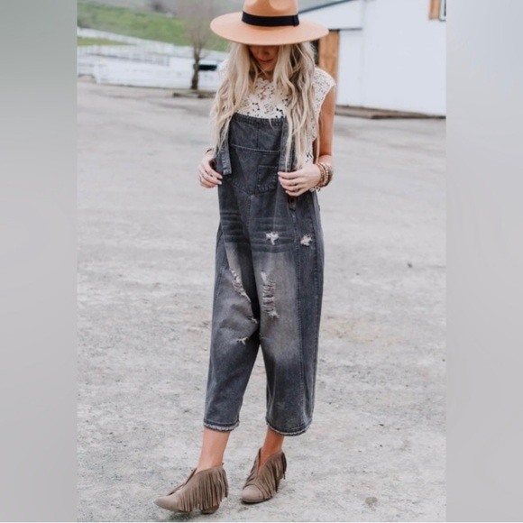 easel Jeans New Easel High Hopes Black Baggy Oversized Overalls